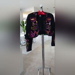 Black Embellished Cropped Blazer with Pink & Purple Sequin Detail